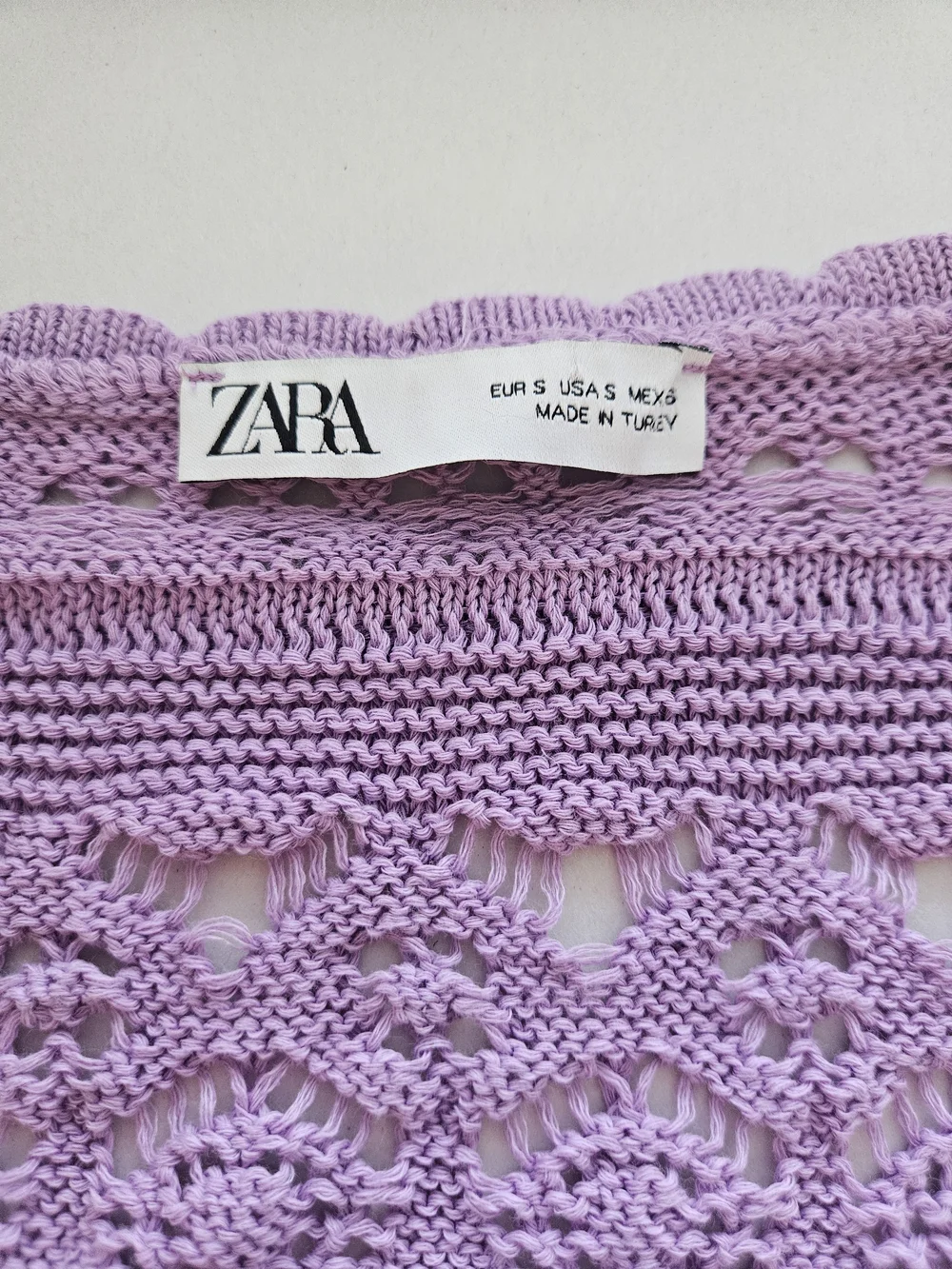 Zara Purple Boho Crochet Open Knit Puff Sleeve Eyelet Ruffle Top Size Small